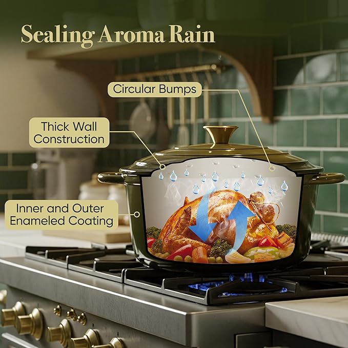 Vintage Style 4.5 Quart Dutch Oven Pot with Lid, Non Stick Enameled Cast Iron Dutch Oven for Bread Baking, Heavy-Duty, Oven Safe Ceramic Cookware Up to 500째F for Baking, Braising, Stews, Roasting, Golden Green