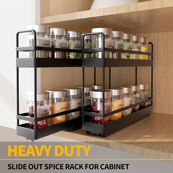 Finnhomy Pull Out Spice Racks for Inside Cabinets, Whole Metal Manufacturing, Vertical Spice Rack Pull Out, Spice Organizer, 2.16" W 횞 10.39" D 횞 9.76" H, 2 Drawers & 2 Tiers, 2 Pack, Black