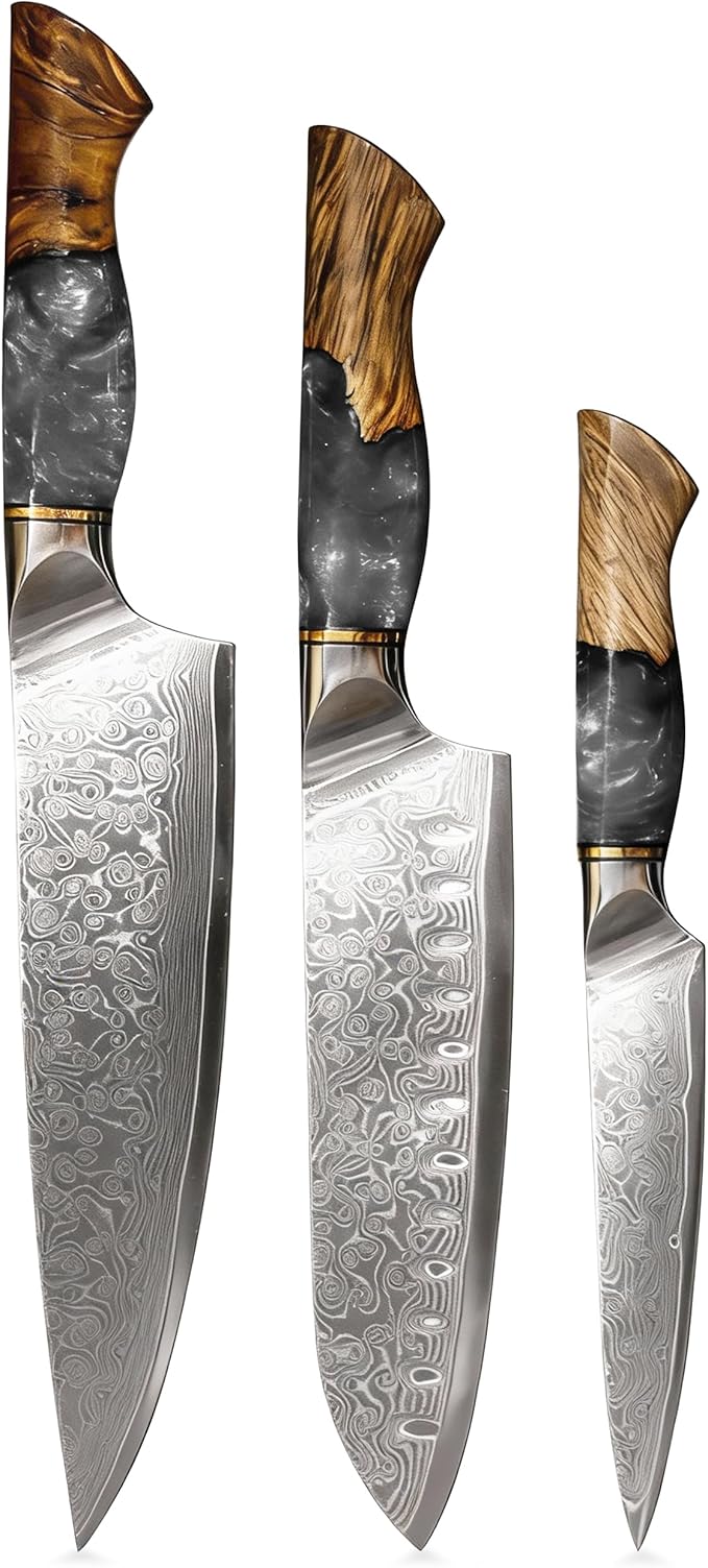 Damascus Kitchen Knife Set, 67-Layer Damascus Steel, 3-Piece Professional Set: 13??Chef, 12.3??Santoku & 9.8??Utility Knife, Ergonomic Wood & Resin Handle, Ideal for Gifting (Black, 3 pieces)