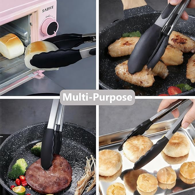 Kitchen Silicone Tongs for Cooking with Nonslip Silicone Tips, 600째F Heat Resistant Cooking Food Tong Set Heavy Duty Stainless Steel Handle for Baking Grilling Serving, 3 Pack (7" & 9" & 12")