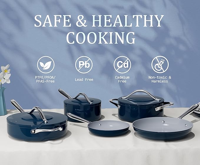 10-Piece Navy Blue Non-Stick Ceramic Pots & Pans Set with Lids, Complete Kitchen Cookware for Soup, Pasta, Boiling & Saut챕ing, Dishwasher Safe, Induction Compatible, From Stovetop to Oven Safe