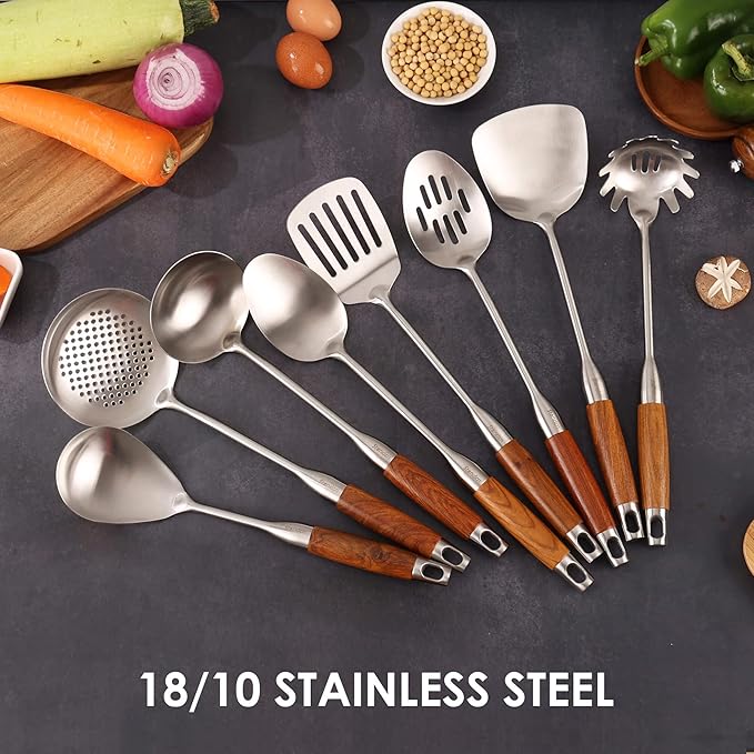 18/10 Stainless Steel Kitchen Utensils Set with Wood Handle - 15?쒶etal Cooking Tools & Serving Utensil, 8-Pieces Cooking Spoons Set - Spatula, Ladle, Skimmer, Turner, Pasta, Solid Spoon, Slotted Spoon