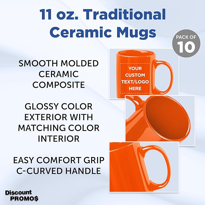 Custom Ceramic Coffee Mugs 11 oz. Set of 10, Personalized Bulk Pack - Coffee cup set, Iced coffee cup, Gaming mug - Princeton Orange