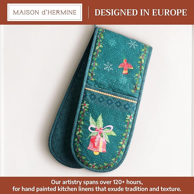 Maison d' Hermine Double Oven Mitt (7" x 35") 100% Cotton Heat Resistant BBQ Cooking Gloves with Loop for Thanksgiving Christmas Decorations Baking Cooking Barbeque Handling Hot Pan (Hygge Christmas)