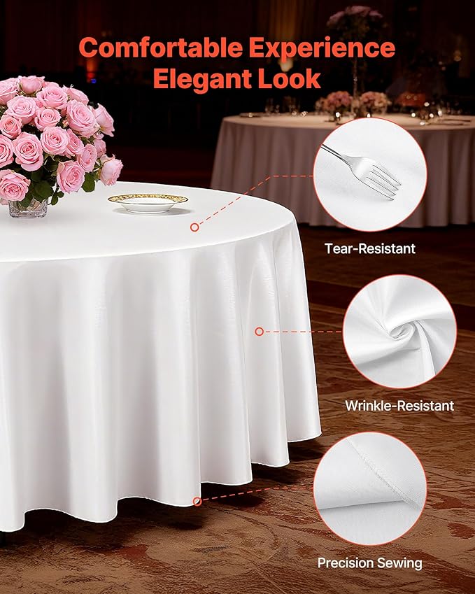 VEVOR White Round Tablecloths 10 Pack, 90 Inches in Diameter, Stain- & Wrinkle- Resistant, Machine Washable Table Clothes, Polyester Fabric Table Covers for Wedding, Party, Banquet, Formal Events