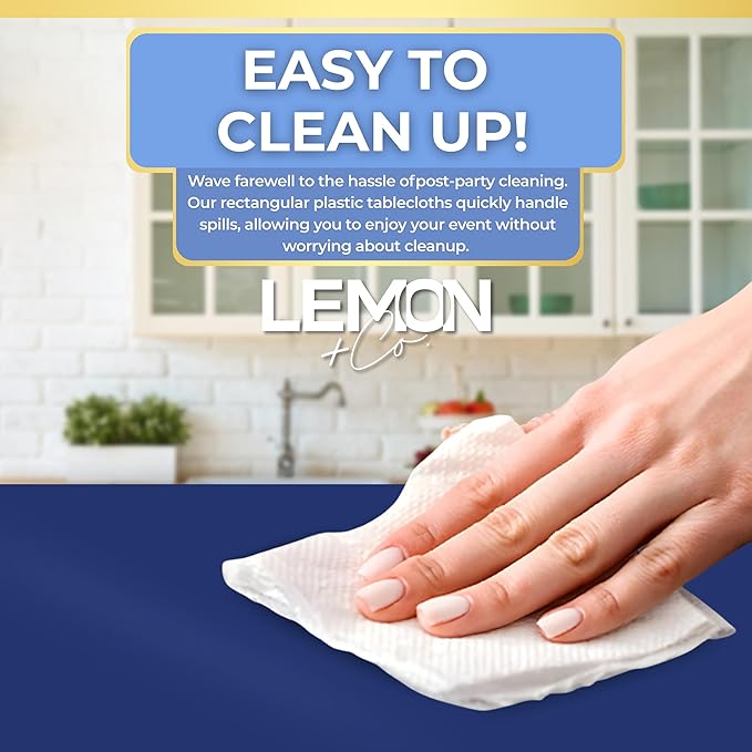LEMON + Co. Navy Rectangle Table Cover Disposable Plastic Tablecloth 54 Inch. x 108 Inch. Premium Decorative Rectangle Table Cover 10 Pack