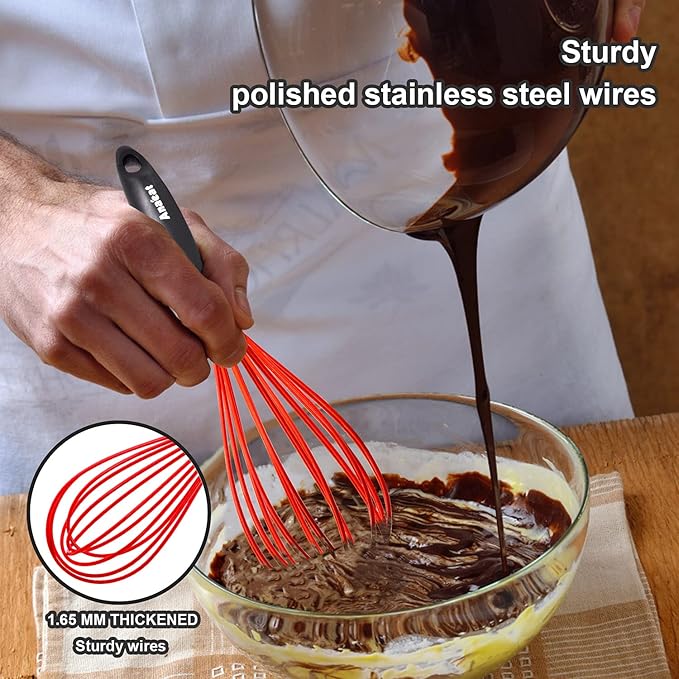 Anaeat Silicone Kitchen Whisk Set of 4, Perfect for Non-Stick Cookware, Milk and Egg Beater Blender for Whisking, Cooking, Baking, Beating - 11'' Flat Whisk and 9''+11''+12'' Balloon Whisks (Red)
