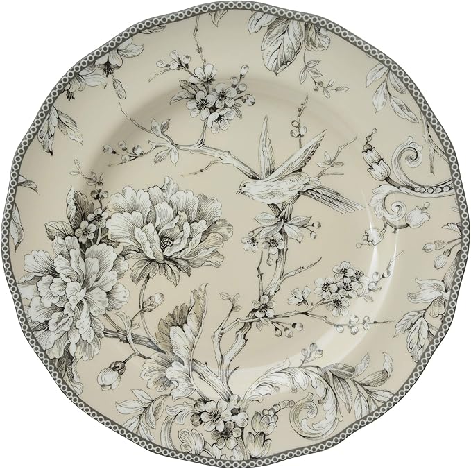 222 Fifth Adelaide 16-Piece Traditional Antique White Porcelain Dinnerware Set ??Service for 4, Romantic Bird & Floral Design, for Everyday Dining & Entertainment, Microwave & Dishwasher Safe