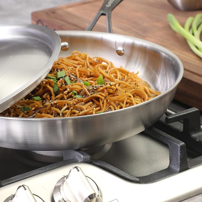 Babish 12-Inch Tri-Ply Stainless Steel Frying Pan with Lid & Black Handle ??Professional Grade Skillet for Searing, Saut챕ing & Even Heat Cooking
