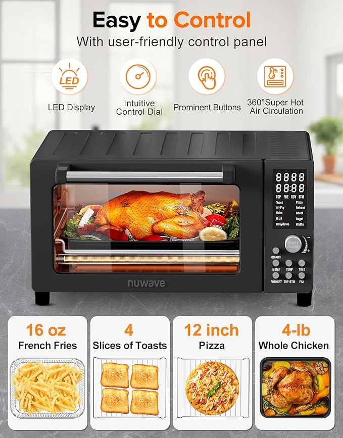 Nuwave Bravo Pro Smart Air Fryer Toaster Oven Combo, Airfryer Convection Oven Countertop, 10-in-1 Functions with Quicker & Even Crisp Technology, 1800W, 50-450째F, PFAS-Free, 21QT, Black