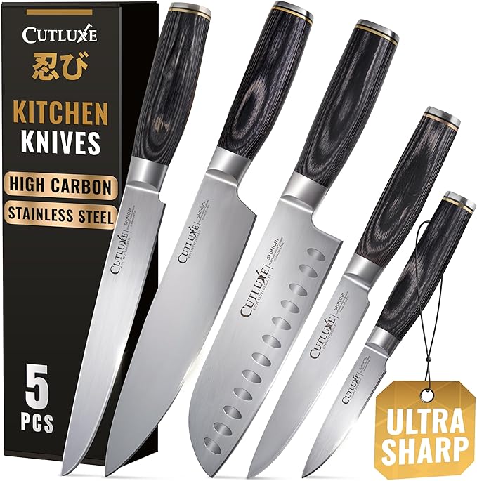Cutluxe 5-Piece Chef Knife Set ??Ultra Sharp Japanese Kitchen Knives, High Carbon Stainless Steel Blades, Full Tang Pakkawood Handles ??Shinobi Series