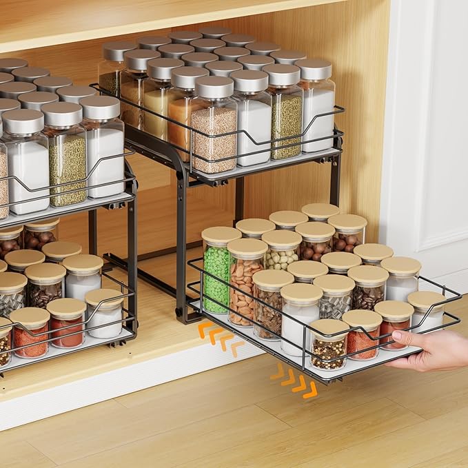 Spice Rack Organizer for Cabinet, 2 Tier Vertical Pull Out Spice Rack ??Heavy Duty Metal Spice Organization for Cabinet, 40-Jar Capacity, Height Adjustable Cabinet Organizer (9"W횞10.5"D횞9"H, Black)