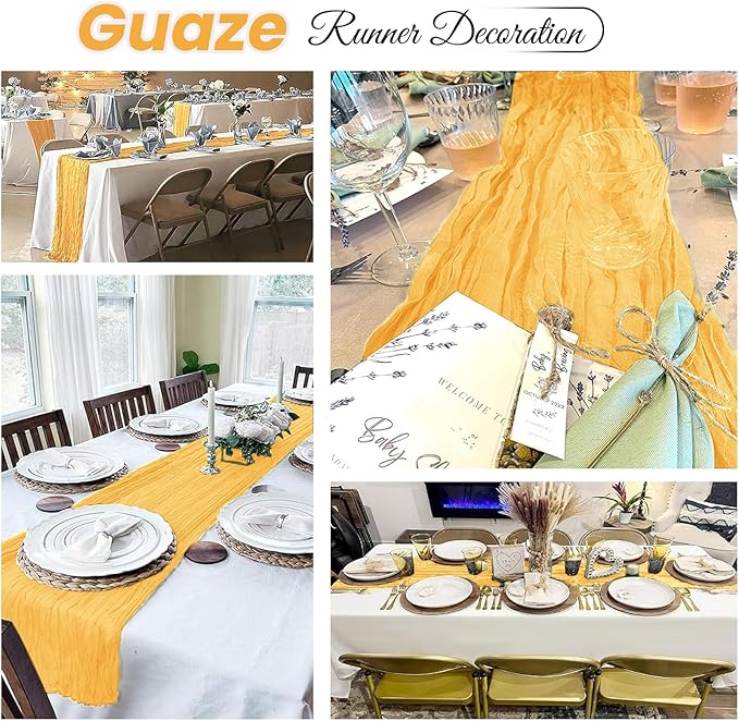 4 Pack Gold Cheesecloth Table Runner 20 x 120 inch Gauze Table Runners 10 FT Long,Semi Sheer Cheese Cloth Fabric Table Runner Bulk for Wedding,Party,Baby Shower,Bridal Shower Decoration