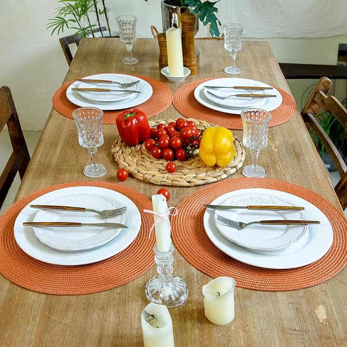 FunWheat Round Braided Placemats Set of 6 Table Mats for Dining Tables Woven Washable Non-Slip Place mats 15 Inch(Pumpkin Orange)