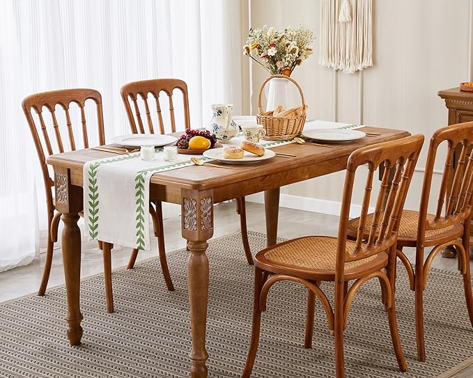 Wracra Embroidered Table Runner Irregular Willow Leaf Table Runners 60 Inches Long for Dresser Home Dining Table Decor,14 x 60 Inch, Green