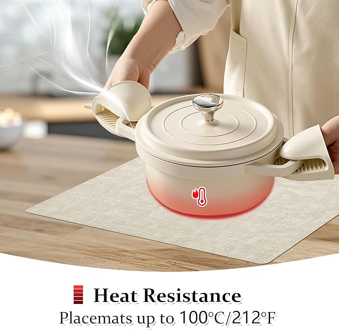 FROMHEART Faux Leather Placemats Set of 12?밯aterproof,Heat/Oil Stain-Resistant PU Table Mat?밨eversible,Non-Slip,Easy to Clean Place Mats for Kitchen,Dining,Indoor/Outdoor,(Beige,11.8" x 17")
