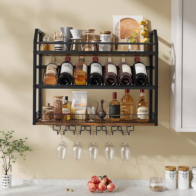 Hoctieon Wall Mount Wine Rack, Wall Mounted Wine Bottle Rack for Display and Storage, Hanging Bottle Holder, for Living Room, Dining Room,Bar, Wine Cellar, Rustic Brown