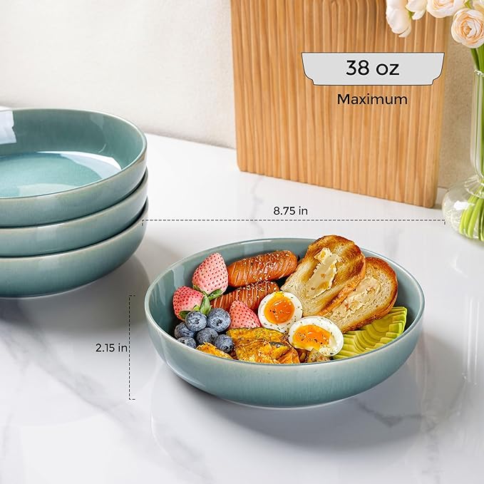 GBHOME 8.75'' Large Ceramic Pasta Bowls, 38oz Stoneware Pasta Serving Bowls Set of 4 for Kitchen, Wide Bowls for Fruit,Pasta,Salad,Oatmeal,Meal, Microwave Safe, Reactive Glaze