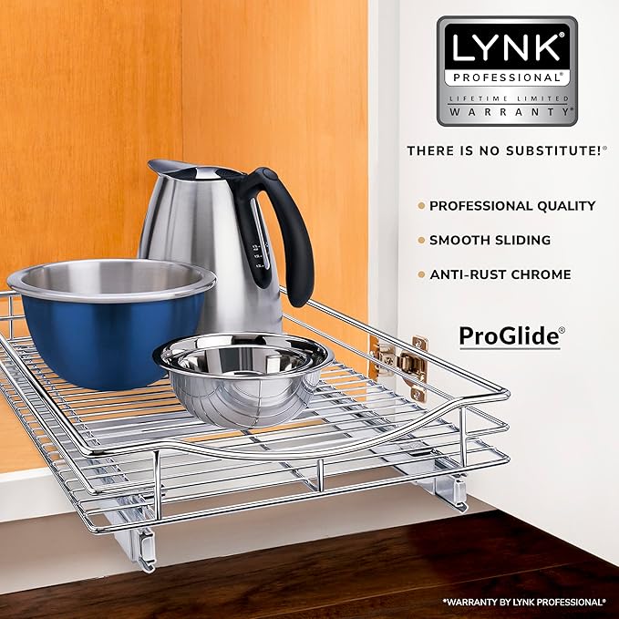 LYNK PROFESSIONAL짰 Pull Out Cabinet Organizer, 14" x 21" Slide Out Drawers for Kitchen Cabinets - Sliding Pull-Out Pantry Shelves ??Home Shelf Organizers - Lifetime Ltd. Warranty, Chrome