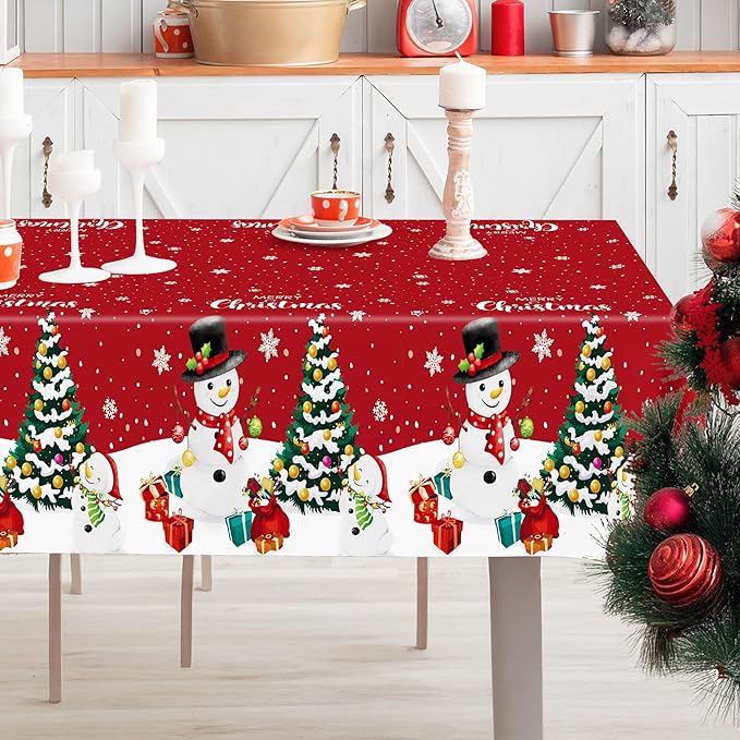 QZYL 3 Pack Christmas Tablecloths, 54" x 108" Snowman Christmas Decorations, Rectangle Holiday Plastic Tablecloth Xmas Disposable Table Cover, Xmas Table Decor Holiday Party Supplies