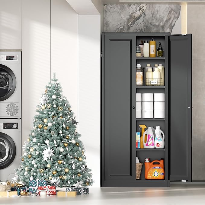 INTERGRAET Kitchen Pantry Cabinet, 63" Tall Metal Pantry Storage Cabinets with 2 Doors and 4 Shelves, Black Metal Storage Cabinet,Cupboard for Home,Kitchen,Living Room/Dining