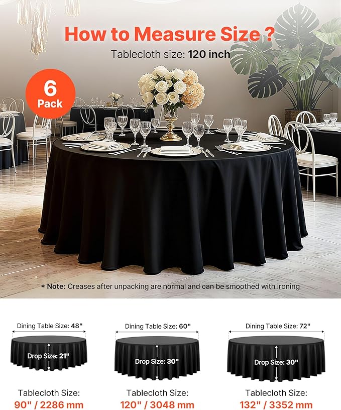 VEVOR Black Round Tablecloths 6 Pack, 120 Inches in Diameter, Stain- & Wrinkle- Resistant, Machine Washable Table Clothes, Polyester Fabric Table Covers for Wedding, Party, Banquet, Formal Events