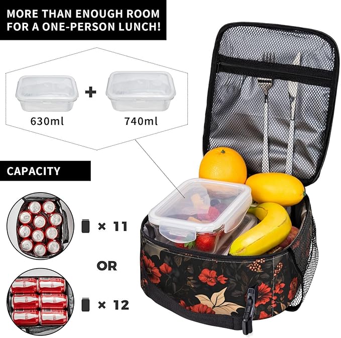 VANZEV Insulated Lunch Box for Women Men, Gothic Floral Bat Theme Lunch Box Reusable Portable Lunch Bag Cooler Tote Waterproof Lunch Container for Office Picnic Work Travel