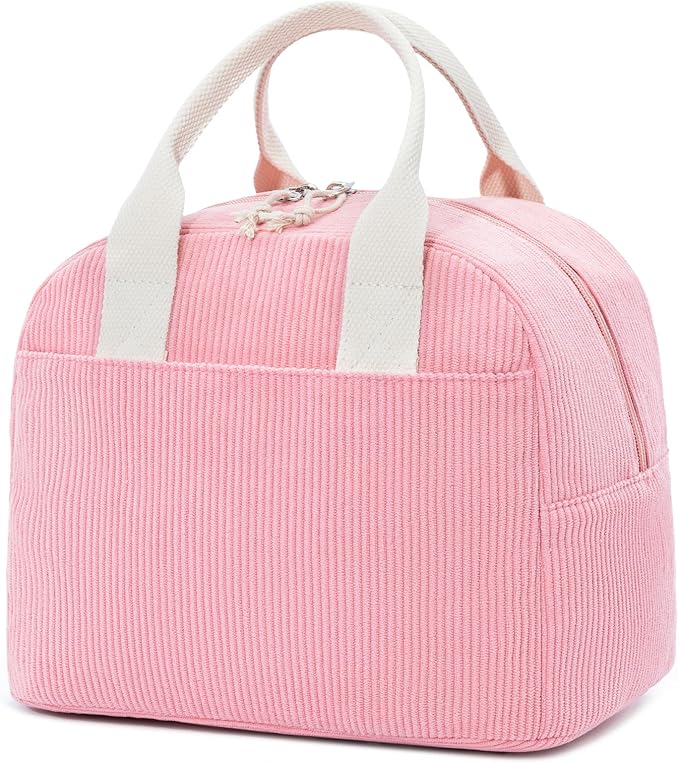 LOVELYWIND Insulated Sugar Pink Lunch Bag for Women, Stylish Corduroy Tote with Aluminum Lining, Large Capacity Reusable Cooler for Work, Travel, or Beach, Beige Cream Water-Resistant Lunch Box