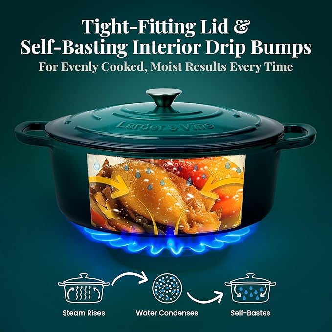 Larder & Vine Enameled Cast Iron 8 qt Dutch Oven Pot with Lid | Bread Baking | Compatible on All Cooktops & Oven Safe to 500째 F | Great for Sourdough Bread | Bondi