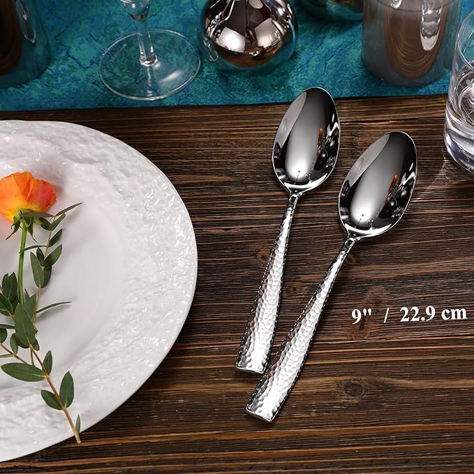 KEAWELL Premium Louis Hammered Table Utensils, 18/10 Stainless Steel, Squared Edge, Mirror Finish, Dishwasher Safe (Serving Spoons, Set of 2)