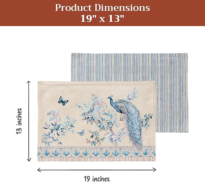 Maison d' Hermine Placemats 100% Combed Cotton Premium Set of 4 Decorative Table Cloth Placemat, Dining, Holidays, Buffet Party - Peacock Utopia - Sandy Beach (13 Inch x 19 Inch)