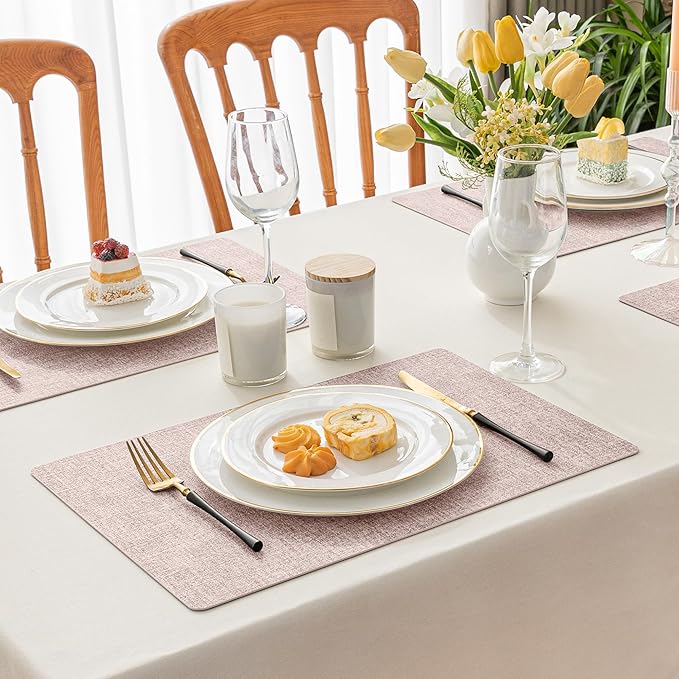 Romanstile Vinyl Placemats Set of 6-12 X 17 Inch - Heat Resistant Place Mats 100% Waterproof Oilproof Wipeable Reversible Faux Leather Table Mats for Kitchen, Dining, Party, Outdoor, Pink