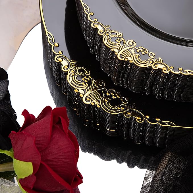 Hioasis 210pcs Black and gold Plates - Black Party Plates for 30 Guest, Include 60 Heavy-duty Plates(20% Thicker Than Standard), 30 Pre Rolled gold Plastic goldware Set, 30 Cups