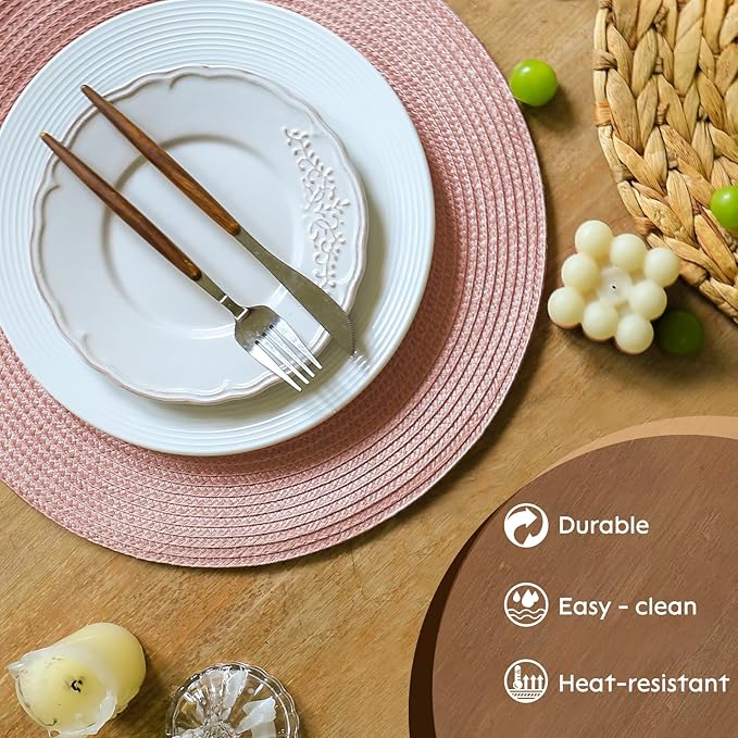 FunWheat Round Braided Placemats Set of 4 Table Mats for Dining Tables Woven Washable Non-Slip Place mats 15 inch(Peach Pink, 4pcs)
