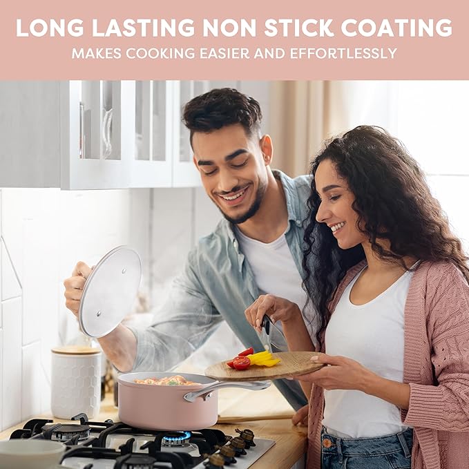 CIARRA Non Stick Frying Pan (10.2") & Ceramic Sauce Pan (3qt) - Non Toxic, PTFE & PFOA Free - Oven Safe & Compatible with All Stovetops, Pink