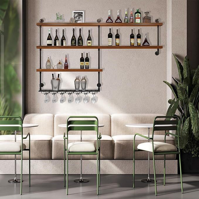 59.1in Large Wine Rack with LED Light, 4 Tiers Solid Wood Wall Mounted Wine Rack, Industrial Liquor Bottles Floating Shelves with Glass Holder for Home Bar/Dining Room (59.1in/150cm)