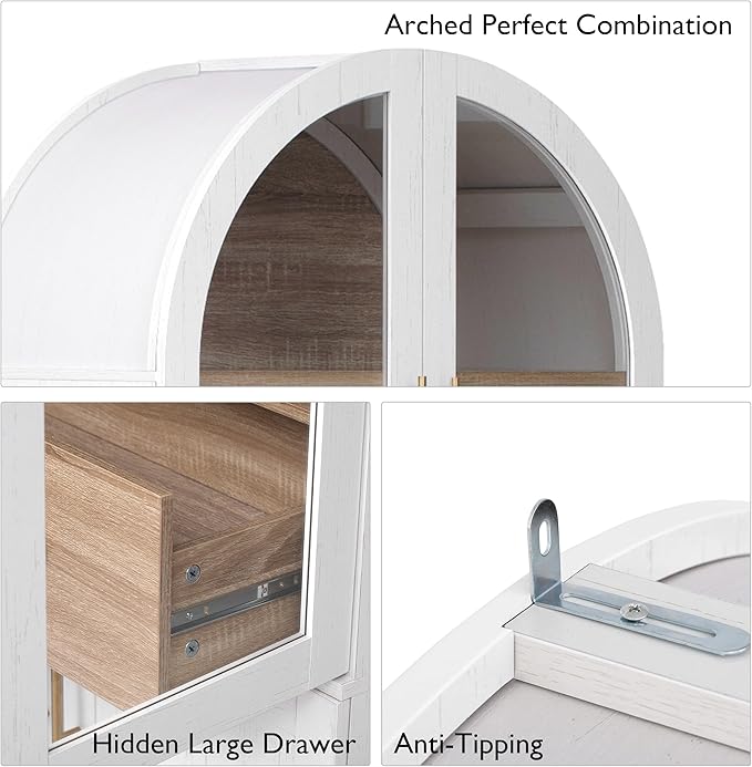 GDFStudio Mariah 71" Tall Arched Kitchen Pantry Cabinet with Hidden Drawer, Glass Door & Adjustable Shelves, Farmhouse Storage Cabinet Cupboard for Kitchen Dining Room, Home Pantry Storage, White