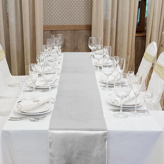 ANECO 4 Pack Satin Table Runner 12 x 108Inch Long Bright Silk and Smooth Fabric Party Table Runner for Wedding Banquet Party Decoration-Light Silver