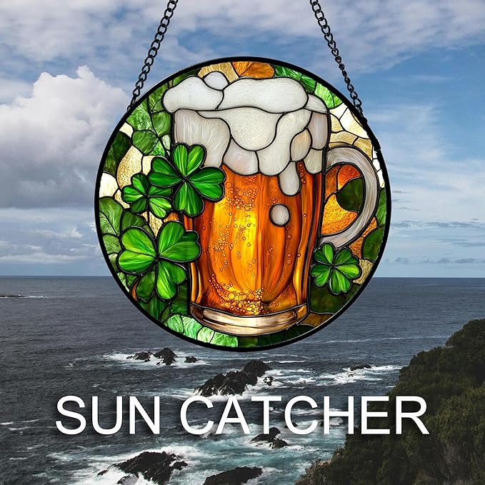 Stained Glass Window Hanging Green Clover Beer 7.8" - Suncatcher Door Garden Sun Catcher Ireland Decor Birthday Mother's St. Ripack's Day Gift for Woman Mom Men Friend Nana Wife Aunt