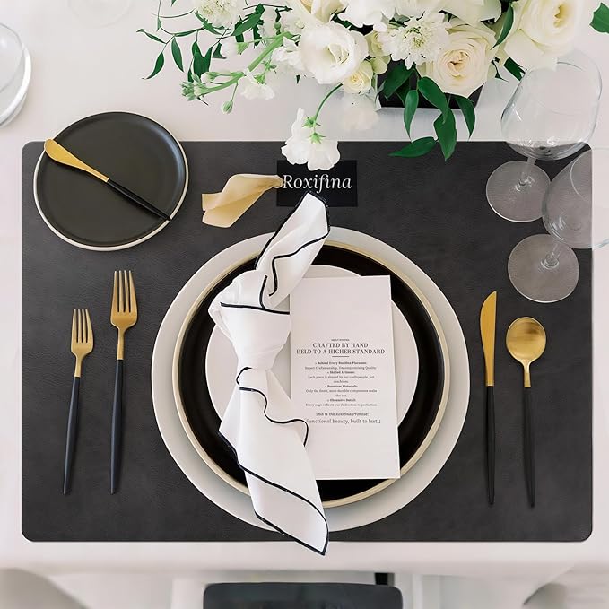 Roxifina Faux Leather Placemats Set of 8 - Vinyl Placemats Wipeable Waterproof Oil-Proof PU Place Mats Heat Resistant Reversible Table Mats for Dining, Kitchen, Outdoor, 12 x 17 Inch (Washed Black)