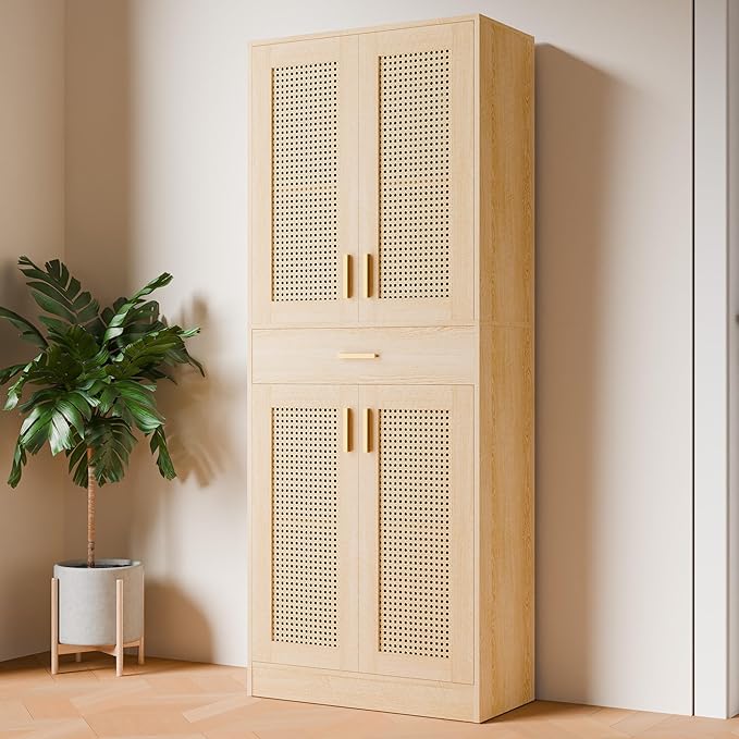 Cozy Castle Kitchen Pantry Cabinet, 71" Tall Rattan Doors Storage Cabinet with Large Drawer and Adjustable Shelves, Freestanding Rattan Pantry Cabinets for Kitchen, Dining Room, Living Room, Oak