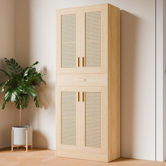 Cozy Castle Kitchen Pantry Cabinet, 71" Tall Rattan Doors Storage Cabinet with Large Drawer and Adjustable Shelves, Freestanding Rattan Pantry Cabinets for Kitchen, Dining Room, Living Room, Oak