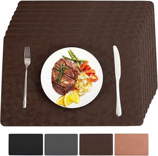 Bxzandya Vinyl Placemats Set of 8 Heat Resistant Easy Clean Non-Slip Place Mats for Dining Table Faux Leather Waterproof Stain Resistant Wipeable Washable PVC Table Mats(8, Brown)