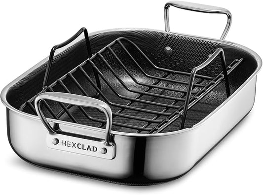 HexClad Hybrid Nonstick Small Roasting Pan with Rack, Dishwasher-Friendly, Oven-Safe Up to 900째F, Compatible with All Cooktops