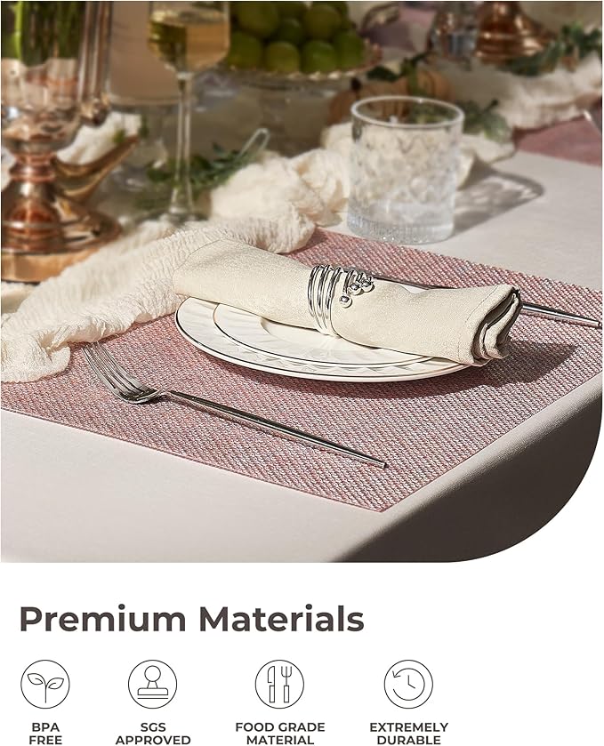 Leetaltree Luxury Pink Iridescent Placemats Set of 4 - Waterproof Washable for Wedding, Anniversary, Festive and Daily Use - Sparkling Table Mats Table Decor - Hand-Cut