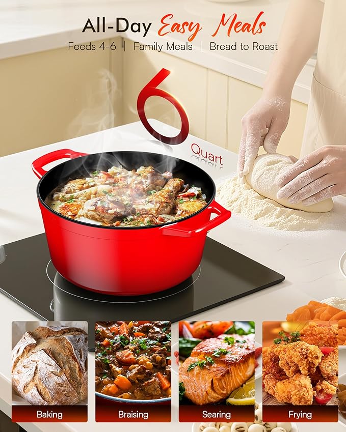 Nuwave 6QT Healthy Enameled Cast Iron Dutch Oven Pot with Lid, Heavy Duty 7-Layer Enamel, Enhanced Rust Protection, Dual Handles, Oven Safe to 500째F for Sourdough Bread Baking, Braise, Stew, Roast