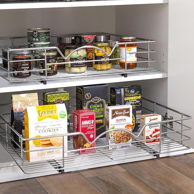 HOLDN??STORAGE Heavy-Duty Premium Collection Pull Out Cabinet Organizer, Cabinet Drawer Slide Outs, Lifetime Limited Warranty - Basket Size 28" W x 21" D x 5" H, Anti-Rust Chrome Finish