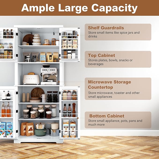 HLR 72" Kitchen Pantry Storage Cabinet, Freestanding Larder Cupboard, Kitchen Hutch Cabinet with Microwave Stand,Utility Pantry with Doors and Shelves for Dining Room, Living Room