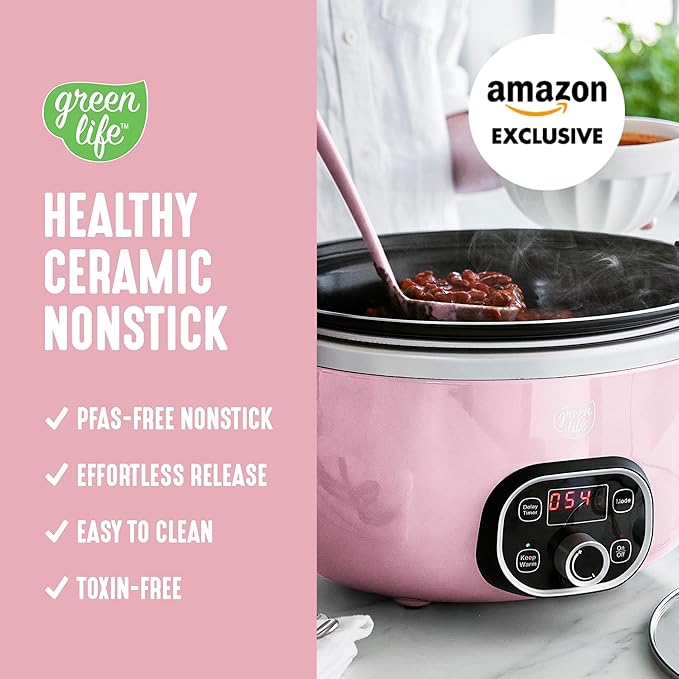 GreenLife 8QT Slow Cooker, Non-Toxic PFAS-Free Ceramic Nonstick Removable Interior Bowl, Programmable, Family Friendly, Keep Warm, Stovetop & Oven Safe, Dishwasher Safe Crock, Timer, Glass Lid, Pink