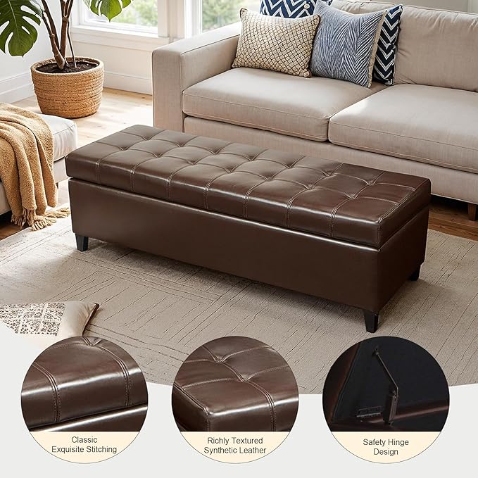 DECO DE VILLE Ottoman with Storage, 51 Inch Large Ottomans Storage Bench,Faux Leather Upholstered End of Bed Bench with Hinged Lid, Long Foot Rest Stool for Living Room Bedroom, Brown
